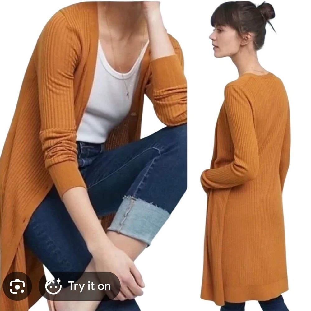 Anthropologie Meadow Rue Cali Ribbed Duster Cardigan Mustard Yellow S Longline